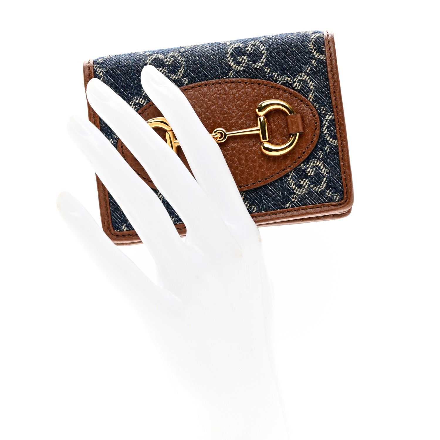 Gucci New Denim GG Monogram Dollar Calfskin Horsebit 1955 Card Case Wallet Blue Tea Cuir Epilog 2 of 7