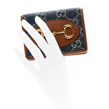 Gucci New Denim GG Monogram Dollar Calfskin Horsebit 1955 Card Case Wallet Blue Tea Cuir Epilog 2 of 7