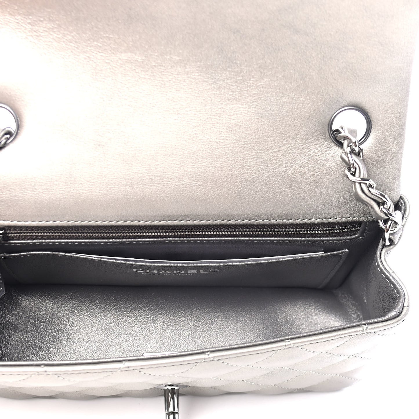 Metallic Calfskin Quilted Mini Rectangular Flap Ruthenium