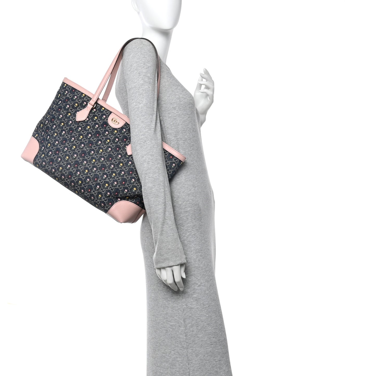 New Denim Dollar Calfskin Floral GG Monogram Medium Ophidia Shopping Tote Blue Tea Multicolor Powder Pink