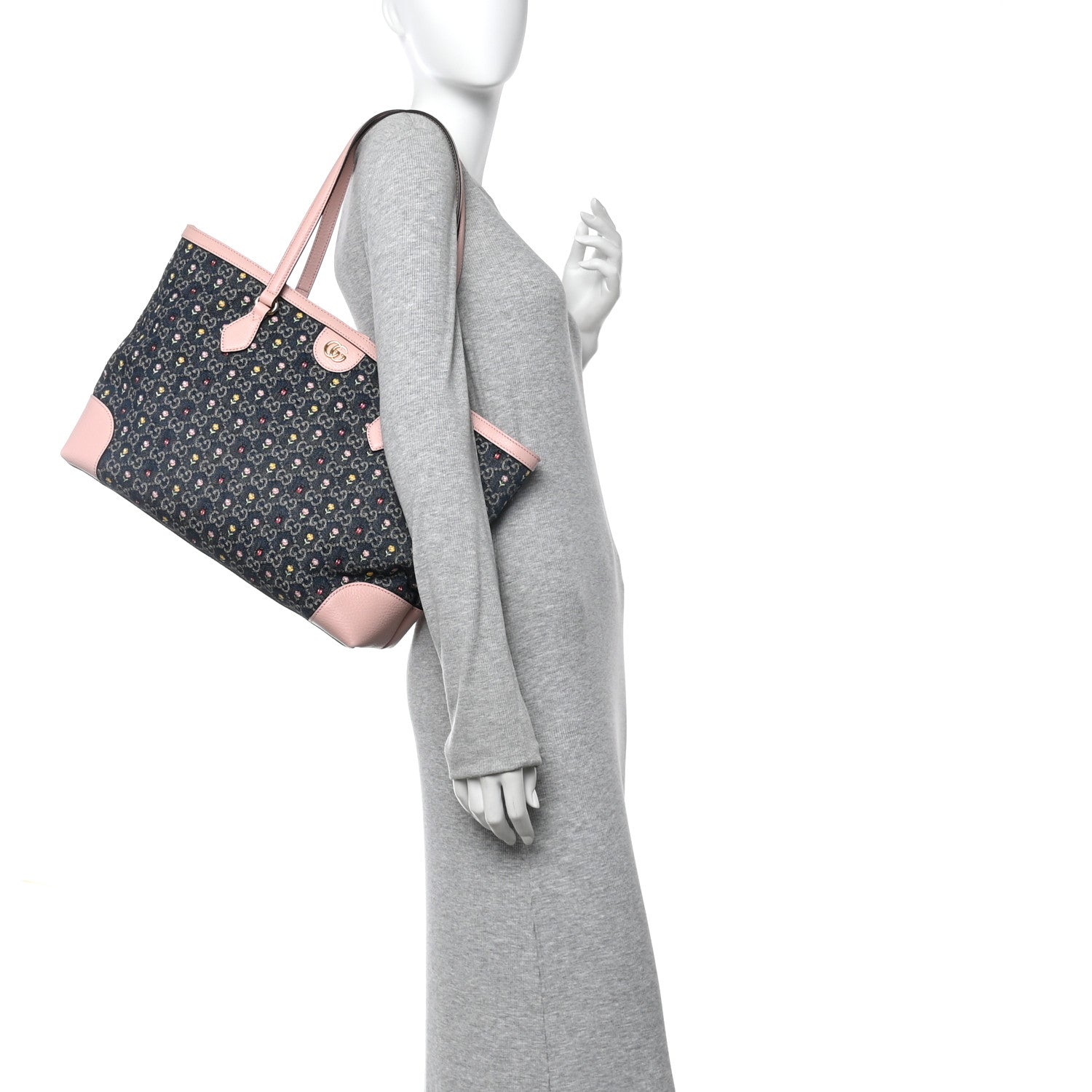 Gucci New Denim Dollar Calfskin Floral GG Monogram Medium Ophidia Shopping Tote Blue Tea Multicolor Powder Pink 2 of 13