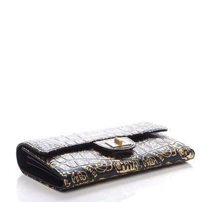 Chanel Calfskin Crocodile Embossed Graffiti 2.55 Cocodile Reissue Long Flap Black Gold 4 of 10