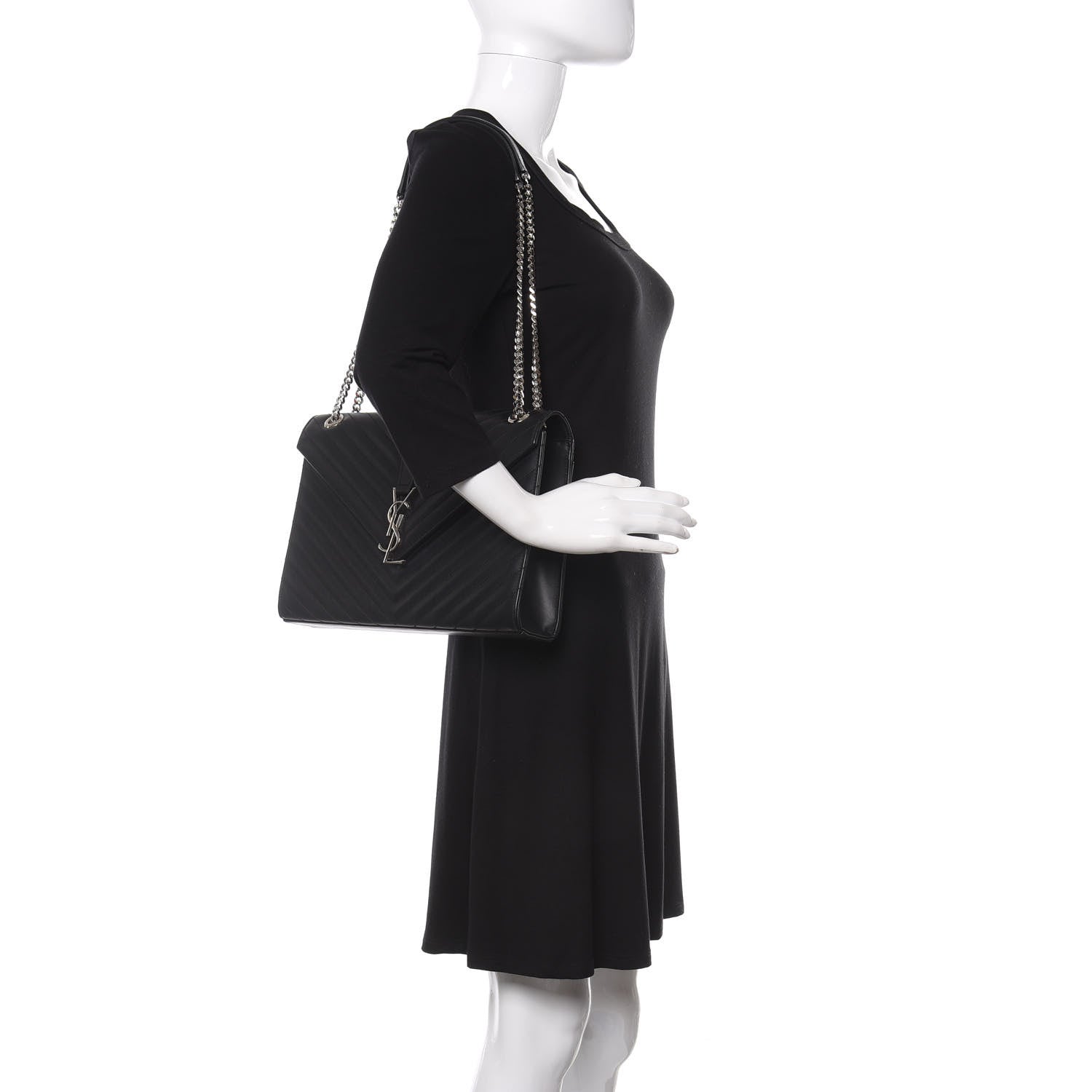 Saint Laurent Smooth Calfskin Matelasse Chevron Large Monogram Satchel Black 2 of 11