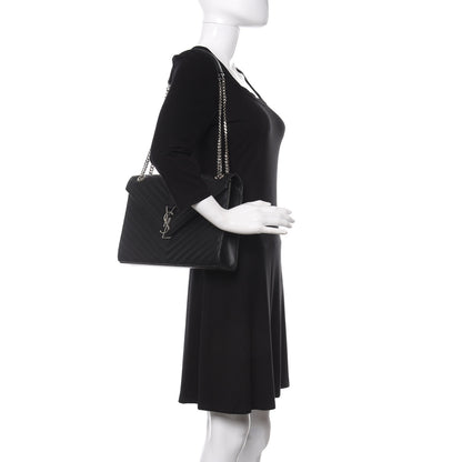 Saint Laurent Smooth Calfskin Matelasse Chevron Large Monogram Satchel Black 2 of 11