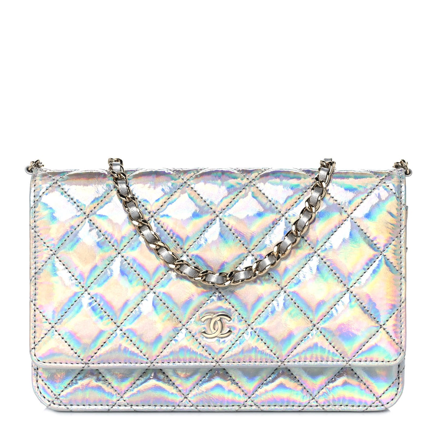 Iridescent Goatskin Quilted Wallet On Chain WOC Silver