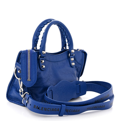 Balenciaga Agneau Classic Silver Hardware Mini City Logo Strap Bleu Electric Black 4 of 11