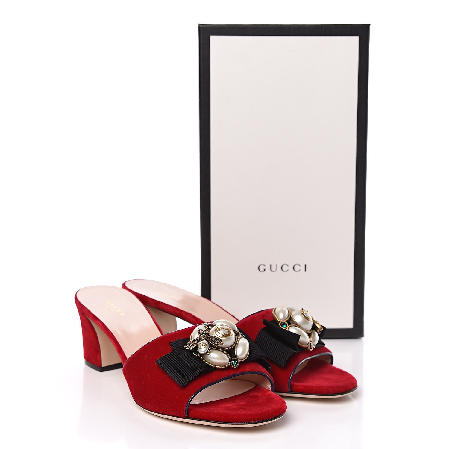 Gucci Velvet Pearl Embellished Slide Sandals 40.5 Hibiscus Red 9 of 9