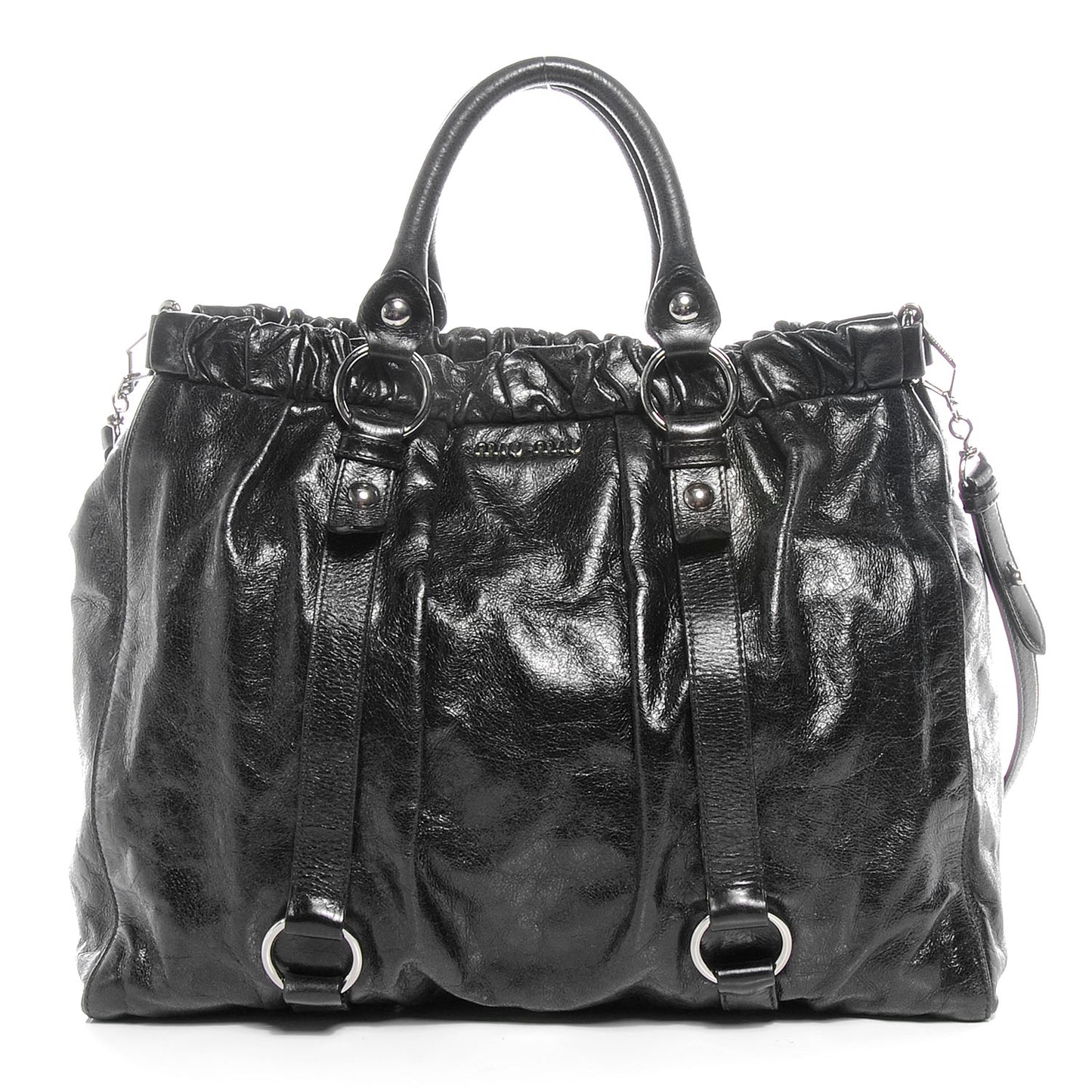 Leather Vitello Lux Gathered Tote Black