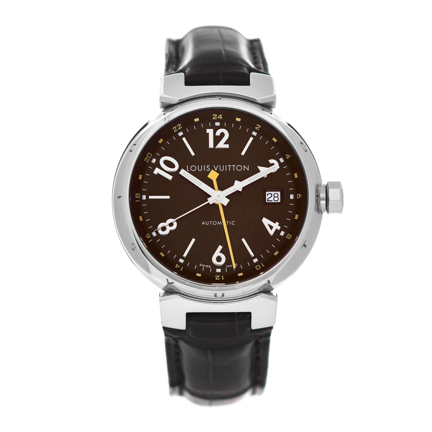 Stainless Steel Alligator 39mm Tambour GMT Automatic Watch Brown