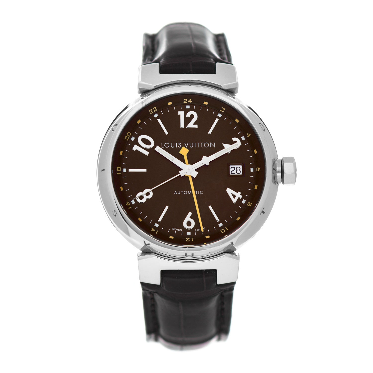 Louis Vuitton Stainless Steel Alligator 39mm Tambour GMT Automatic Watch Brown 1 of 5