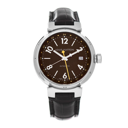 Louis Vuitton Stainless Steel Alligator 39mm Tambour GMT Automatic Watch Brown 1 of 5
