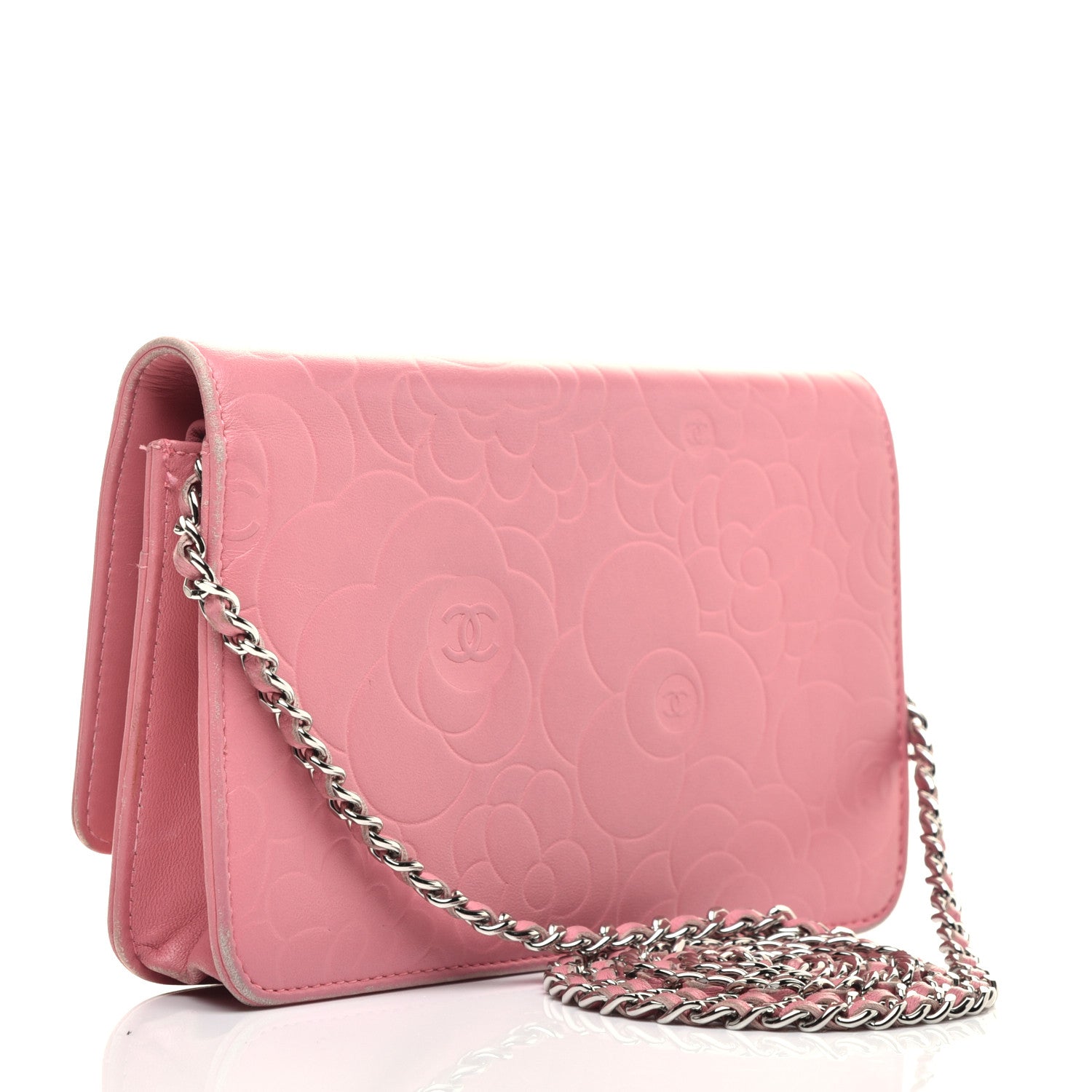 Chanel Lambskin Camellia Embossed Wallet On Chain WOC Pink 3 of 9