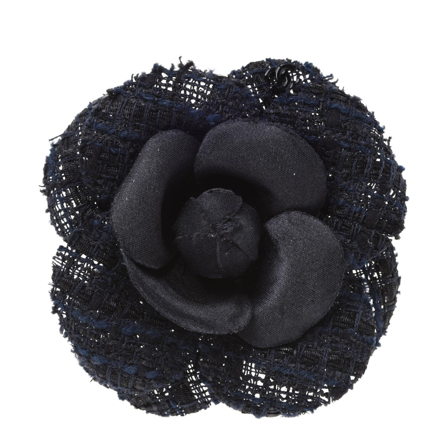 Tweed Camellia Pin Brooch Navy Blue