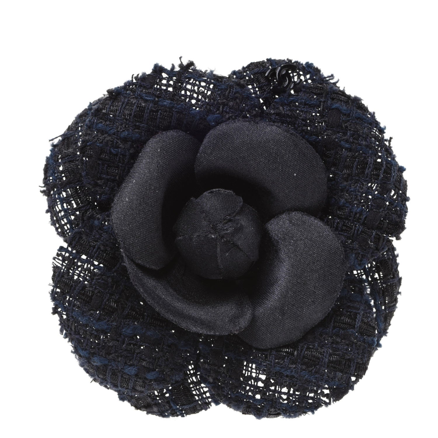 Chanel Tweed Camellia Pin Brooch Navy Blue 1 of 4