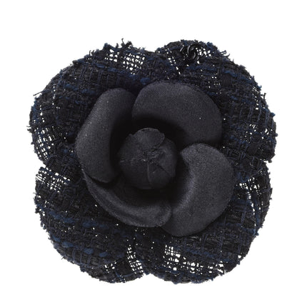 Chanel Tweed Camellia Pin Brooch Navy Blue 1 of 4