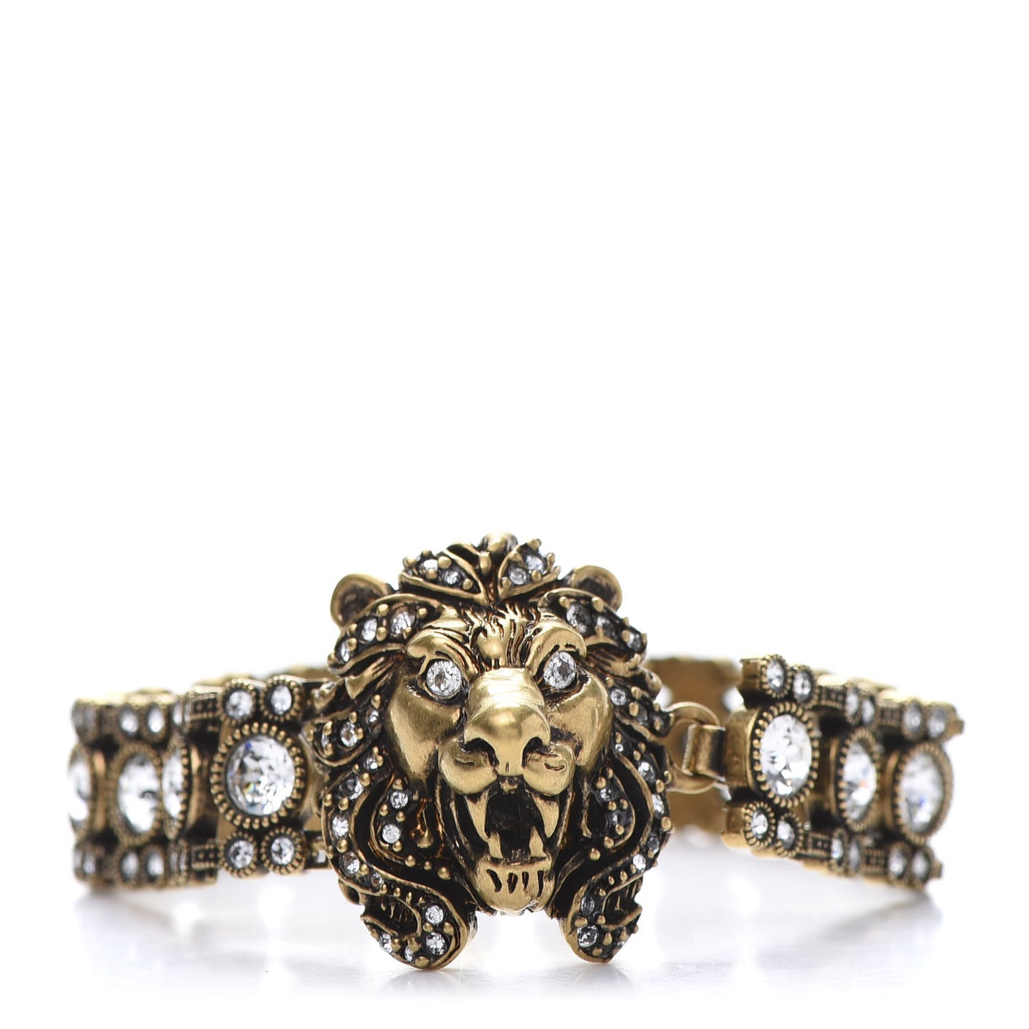 Metal Crystal Lion Head Bracelet L Aged Gold