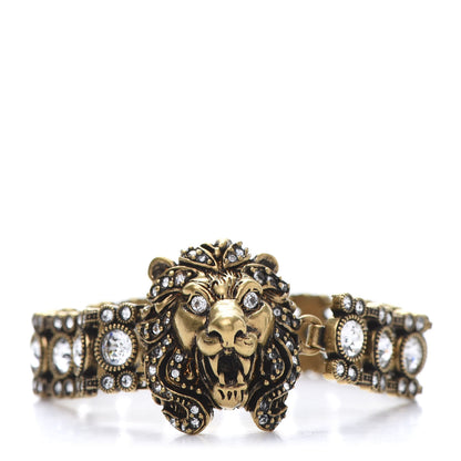 Gucci Metal Crystal Lion Head Bracelet L Aged Gold 1 of 5