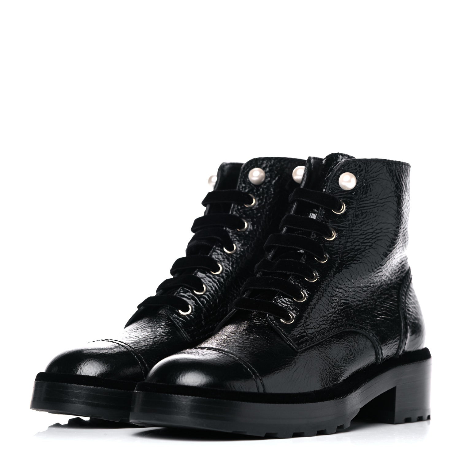 Chanel Calfskin Velvet Pearl Combat Short Boots 39 Black 3 of 9