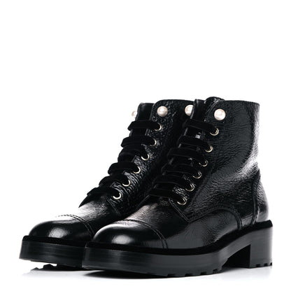 Chanel Calfskin Velvet Pearl Combat Short Boots 39 Black 3 of 9