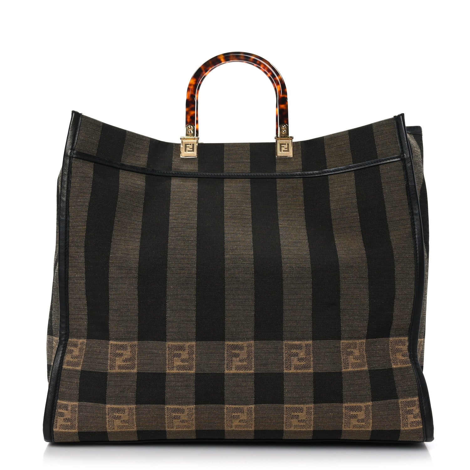 Fendi Fabric Jacquard Vitello Seta Plexiglass Pequin Gingham Large Fendi Sunshine Shopper Tote Tobacco Moro Black 1 of 9