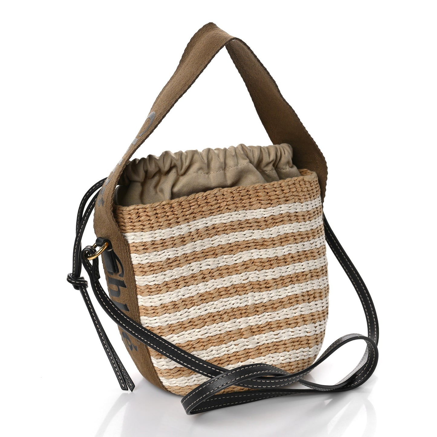 Raffia Calfskin Small Woody Striped Basket Bag Grove Brown