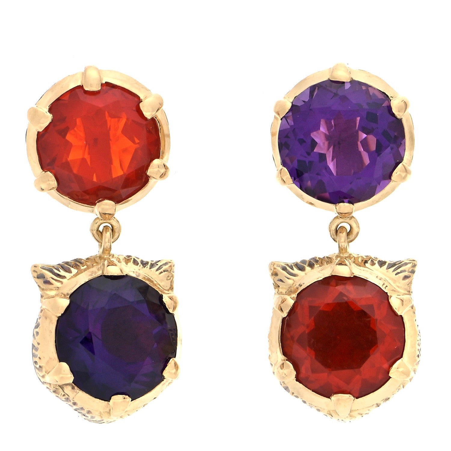Gucci 18K Yellow Gold Diamond Amethyst Fire Opal Le Marché des Merveilles Feline Drop Earrings 1 of 5