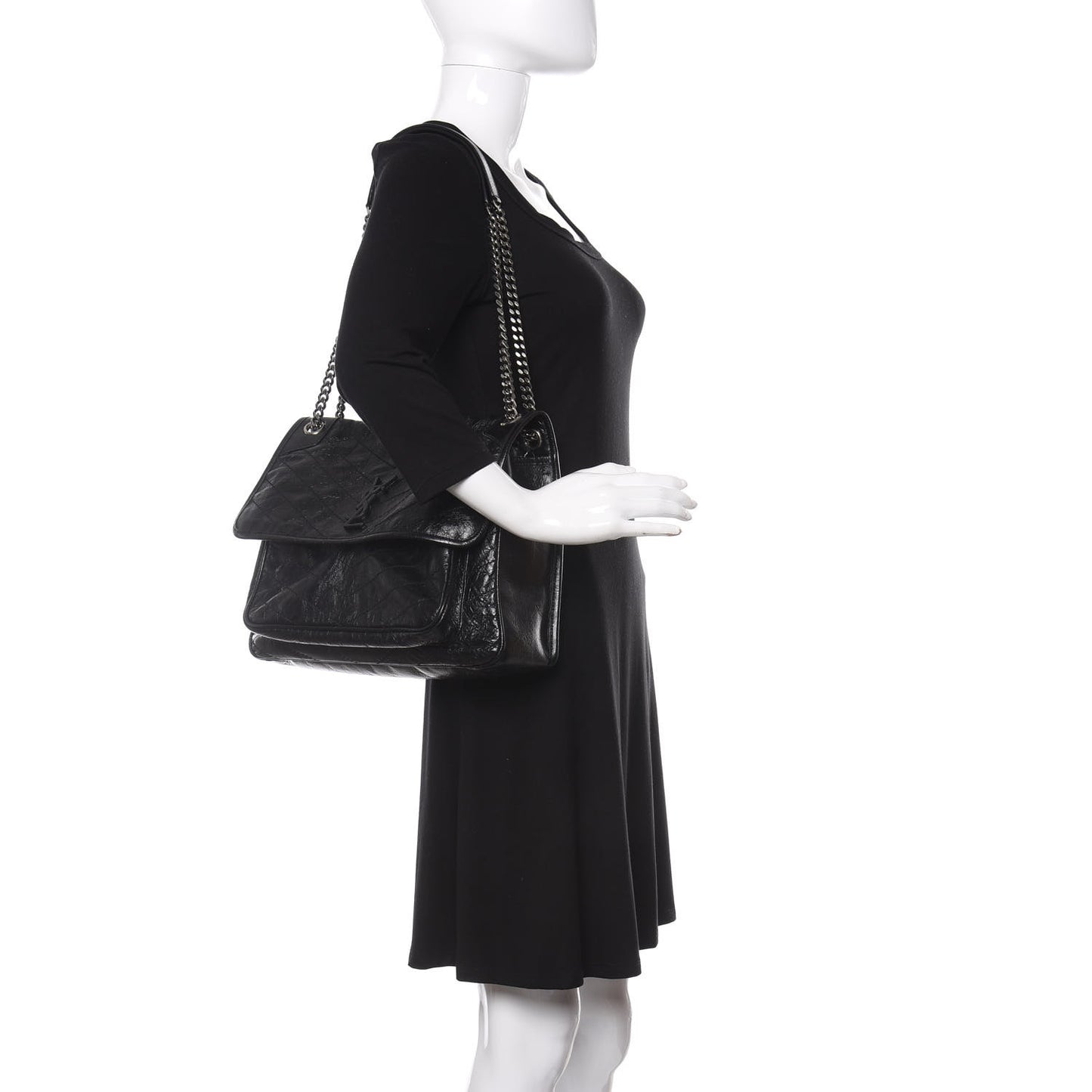 Crinkled Calfskin Matelasse Monogram Large Niki Chain Satchel Black