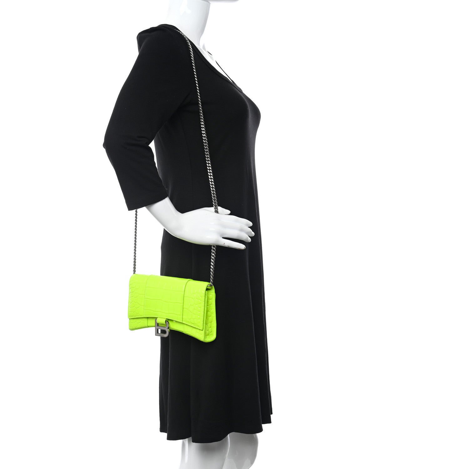 Balenciaga Shiny Calfskin Crocodile Embossed Hourglass Chain Bag Fluo Yellow 2 of 10
