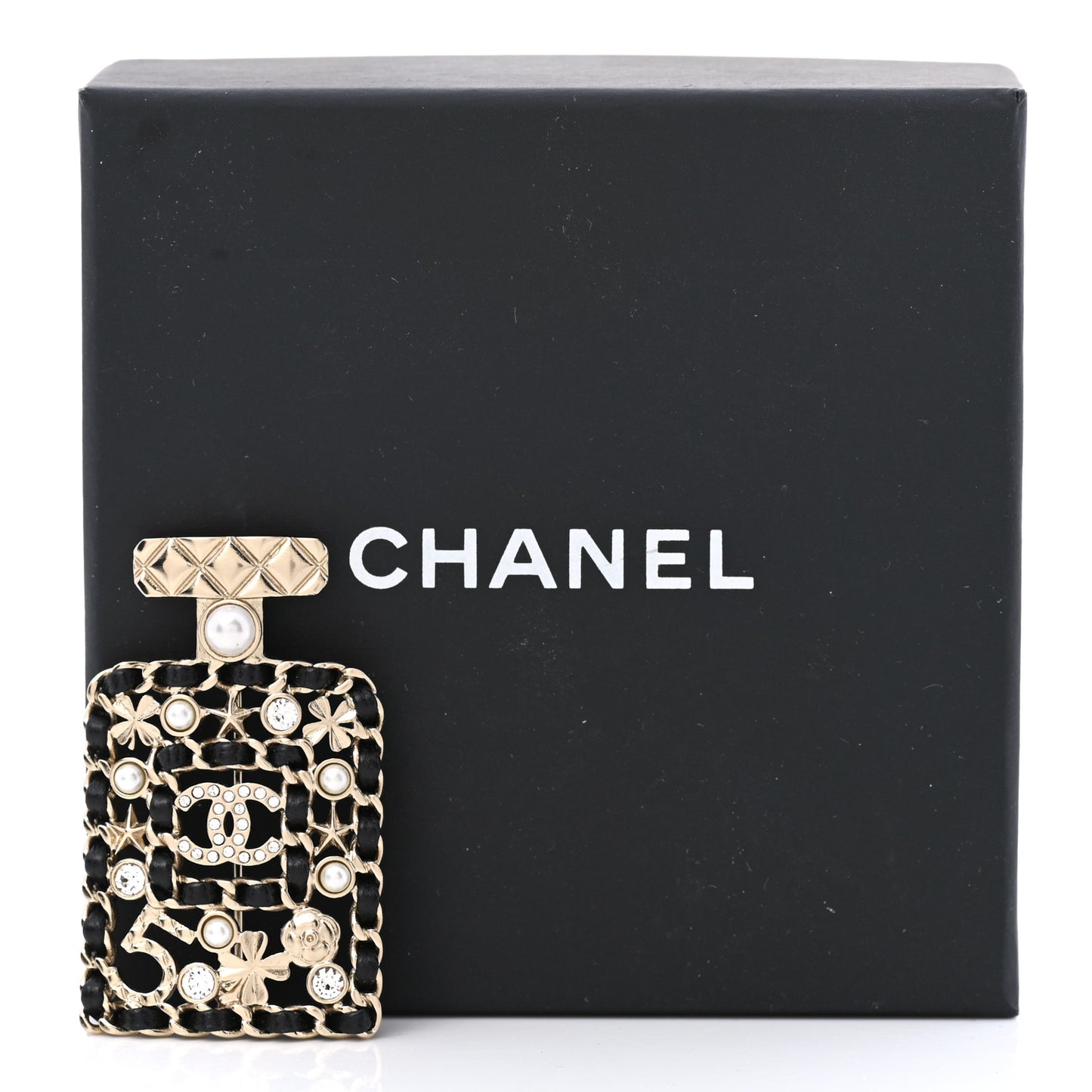 Lambskin Pearl Quilted Chain CC Perfume Bottle Brooch Gold