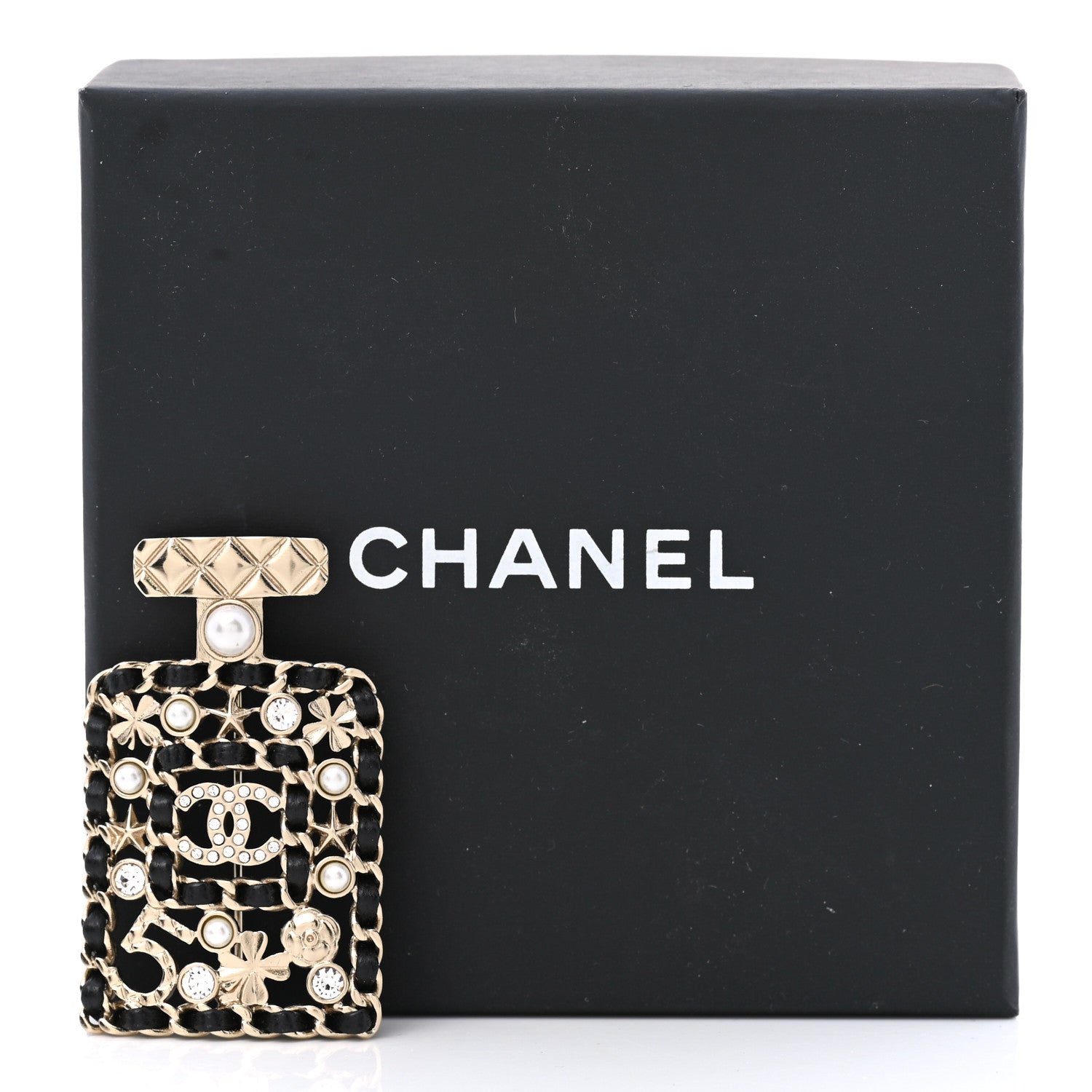 Chanel Lambskin Pearl Quilted Chain CC Perfume Bottle Brooch Gold 5 of 5