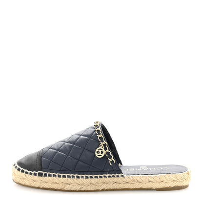 Chanel Lambskin Quilted CC Chain Espadrille Mules 38 Navy Black 1 of 12