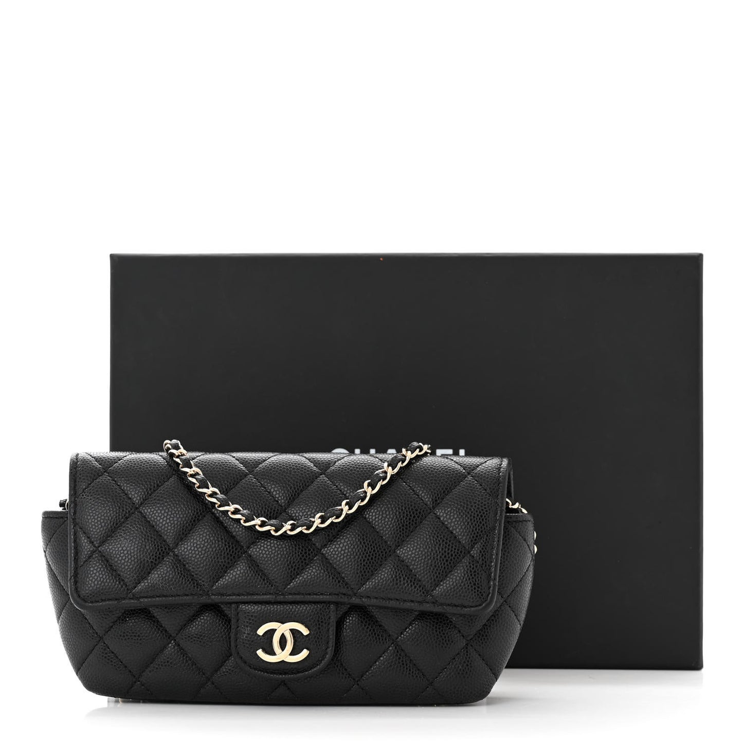 Caviar Quilted Glasses Case With Chain Black