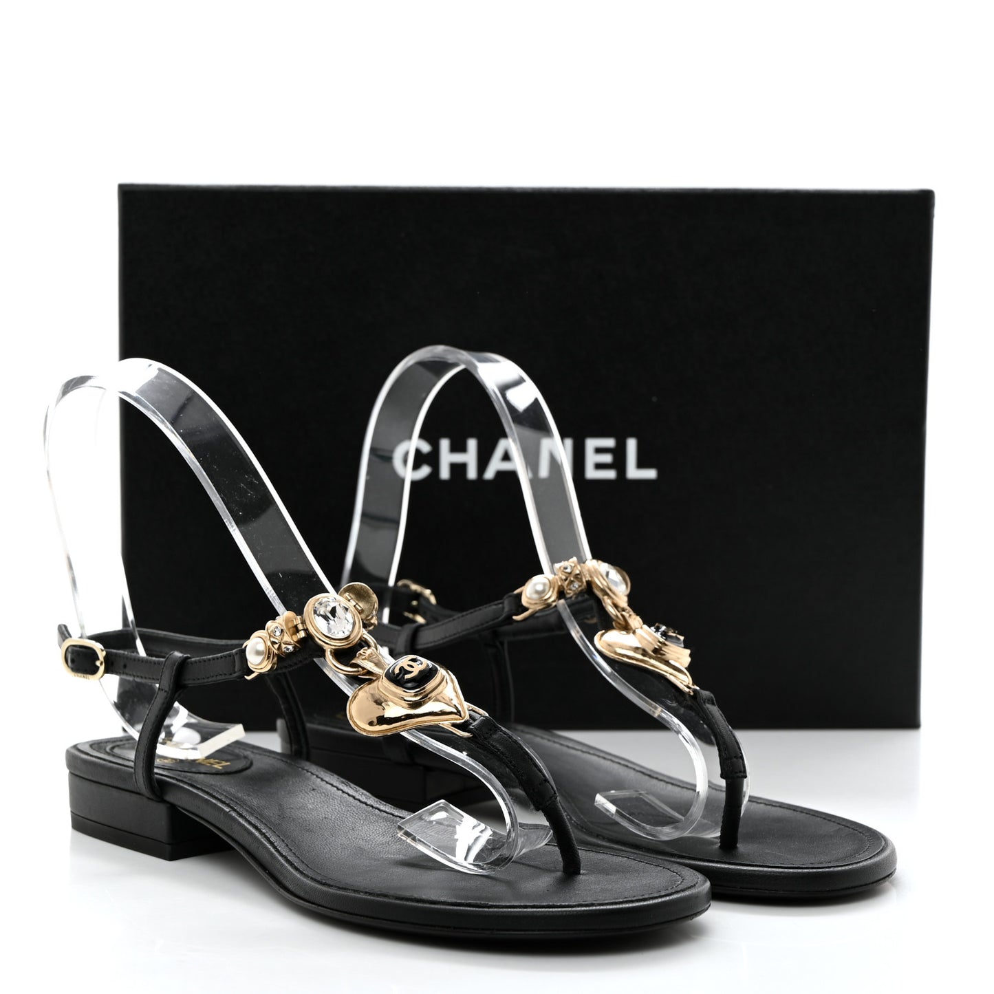 Lambskin Metal Heart Thong Sandals 36 Black