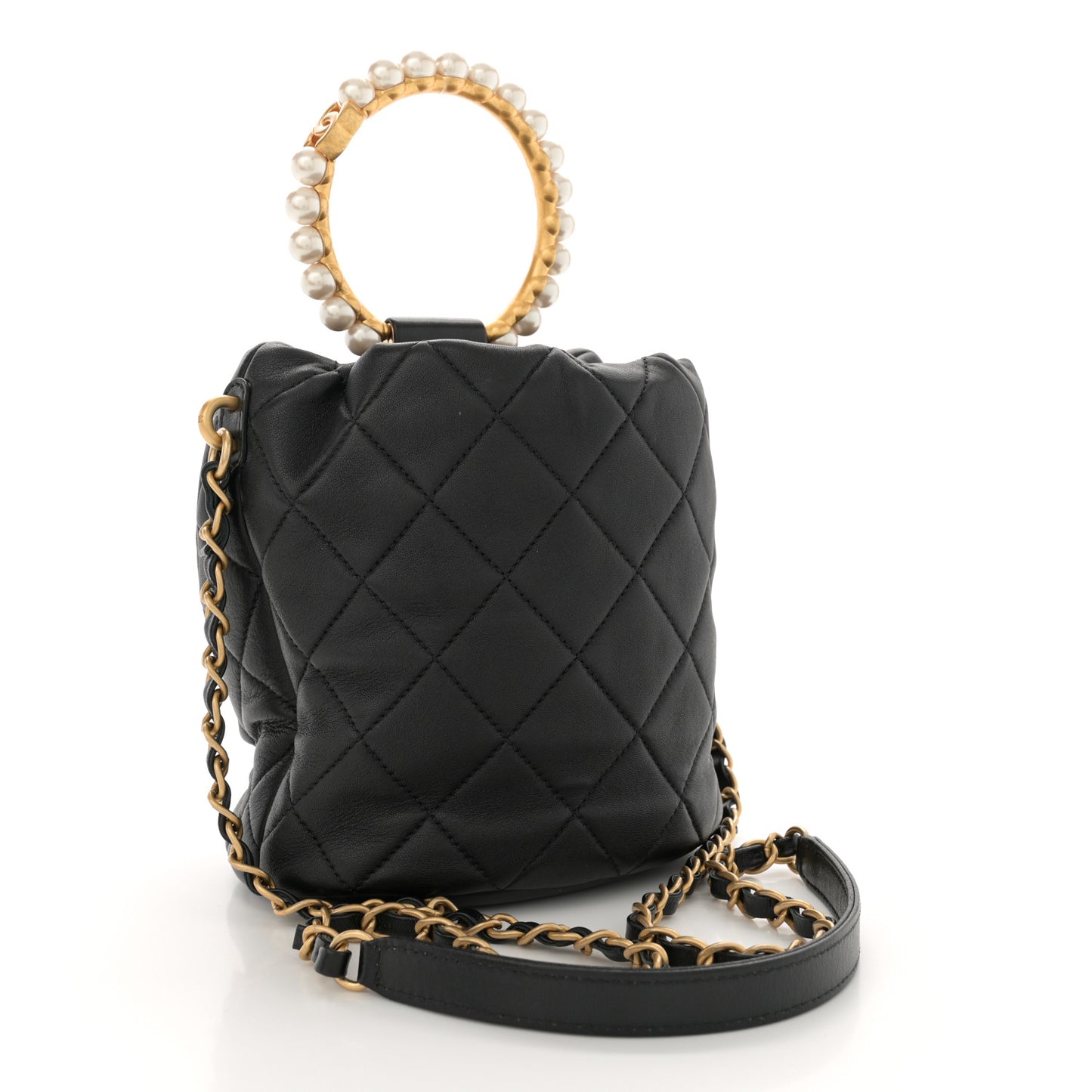 Lambskin Quilted Pearl Crown Drawstring Bag Black