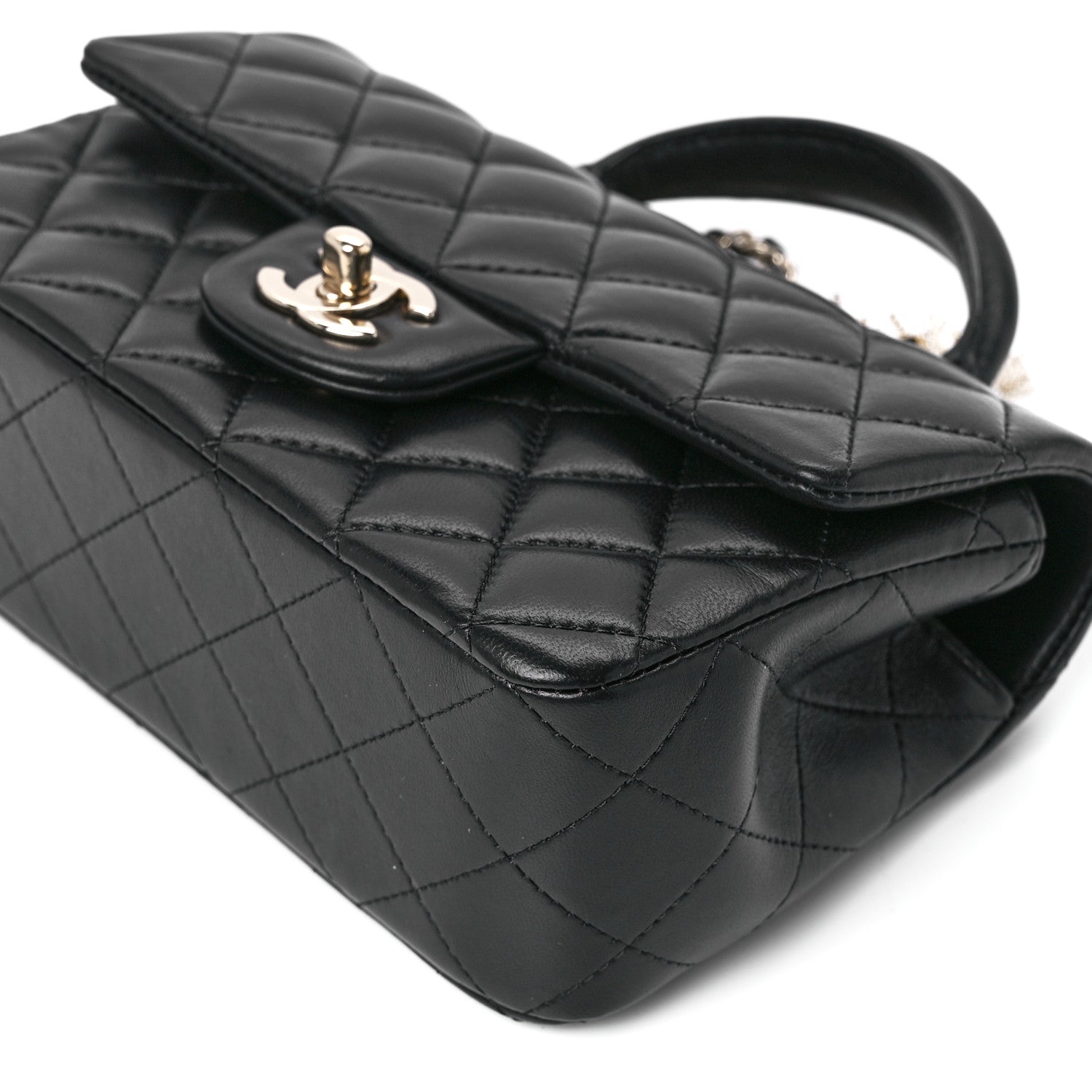 Chanel Lambskin Pearl Crystal Quilted Mini CC Lion Charm Top Handle Rectangular Flap Black 12 of 13