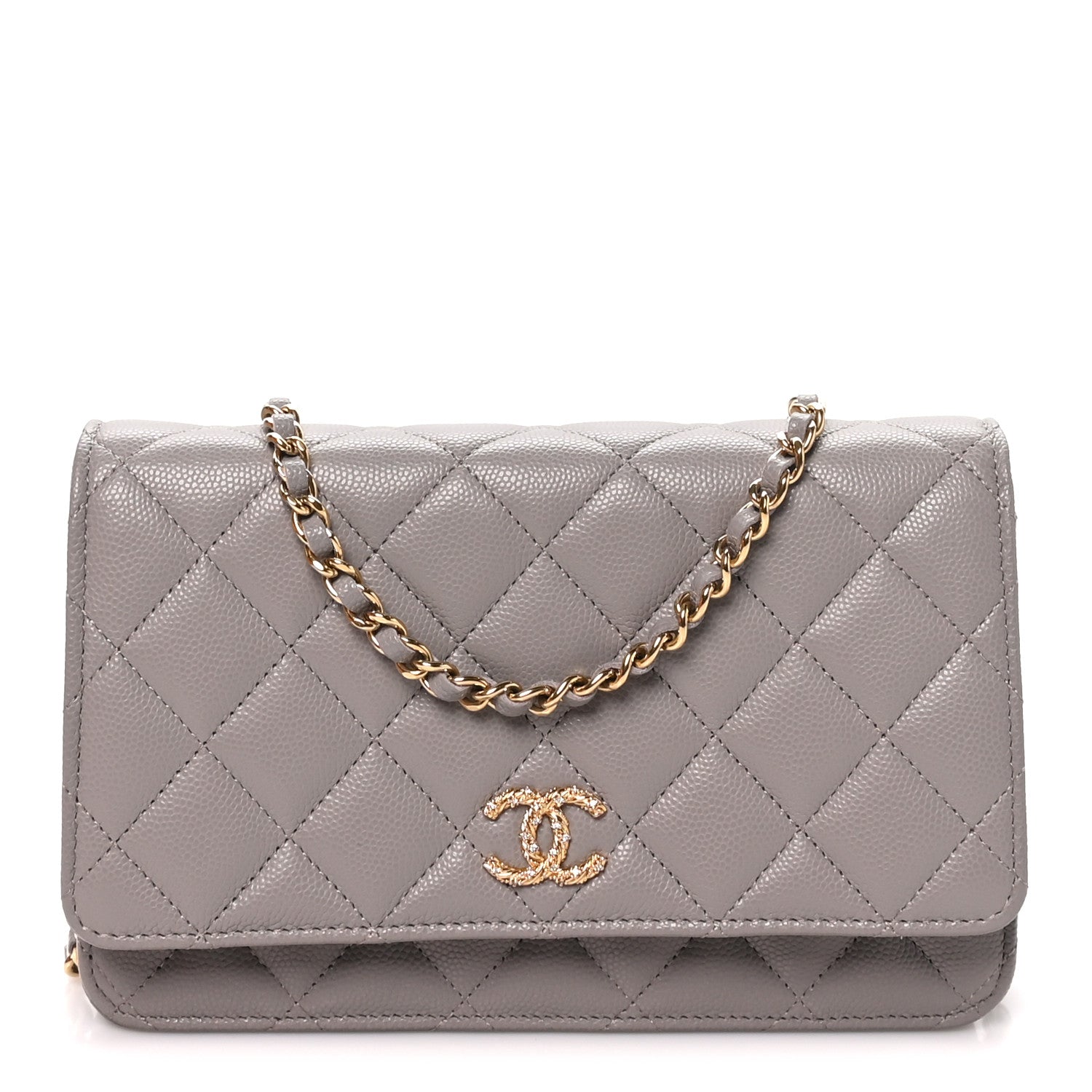 Chanel Grained Calfskin Quilted Strass CC Wallet On Chain WOC Dark Grey 1 of 11