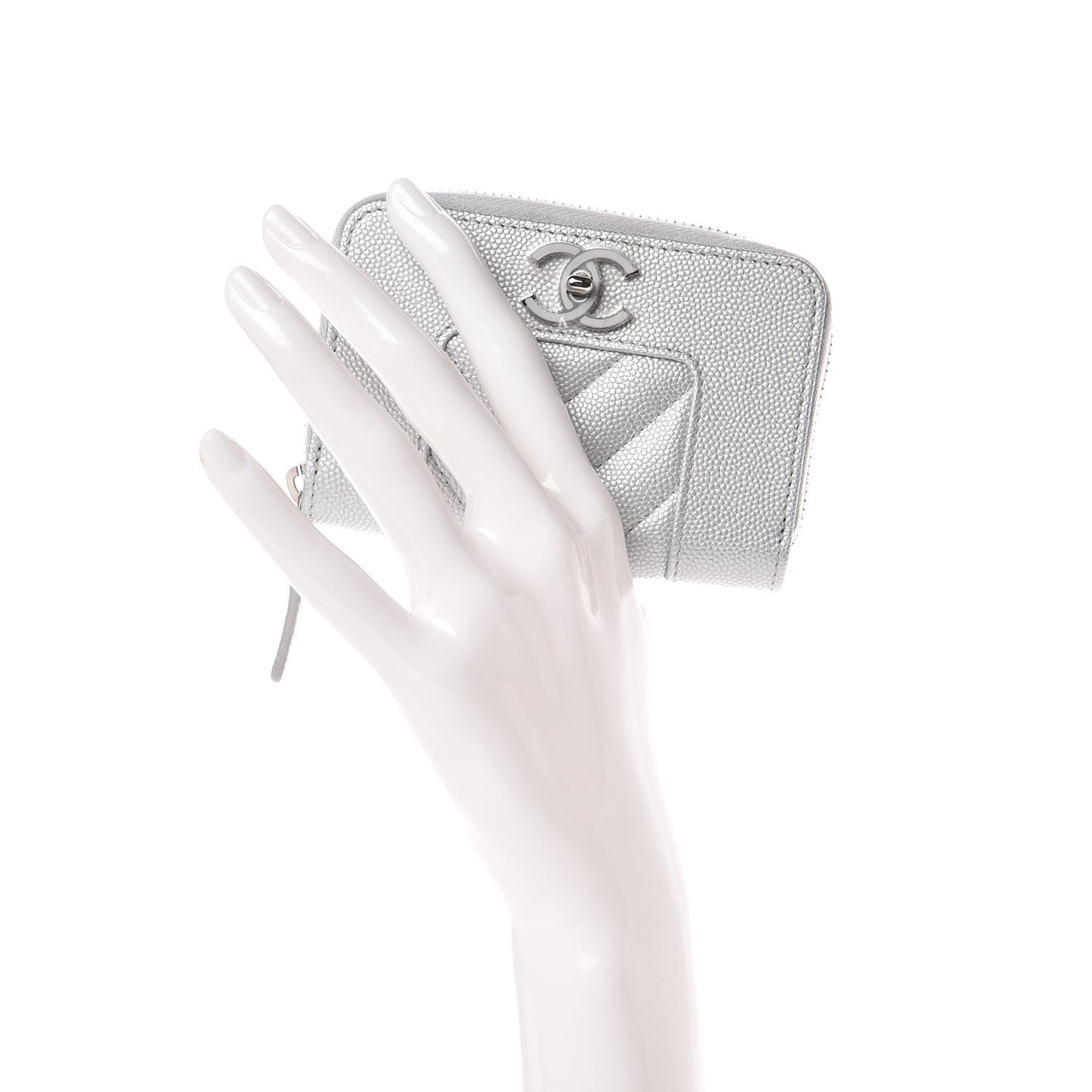 Metallic Caviar Chevron Quilted Vintage Mademoiselle Zip Coin Purse Silver