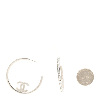 Chanel Metal Crystal Baguette CC Large Hoop Earrings Silver 2 of 6