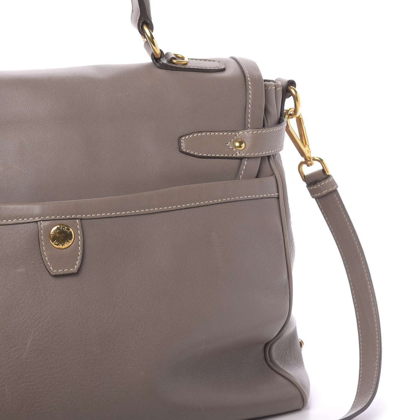 City Calfskin Foldover Pushlock Top Handle Satchel Argilla