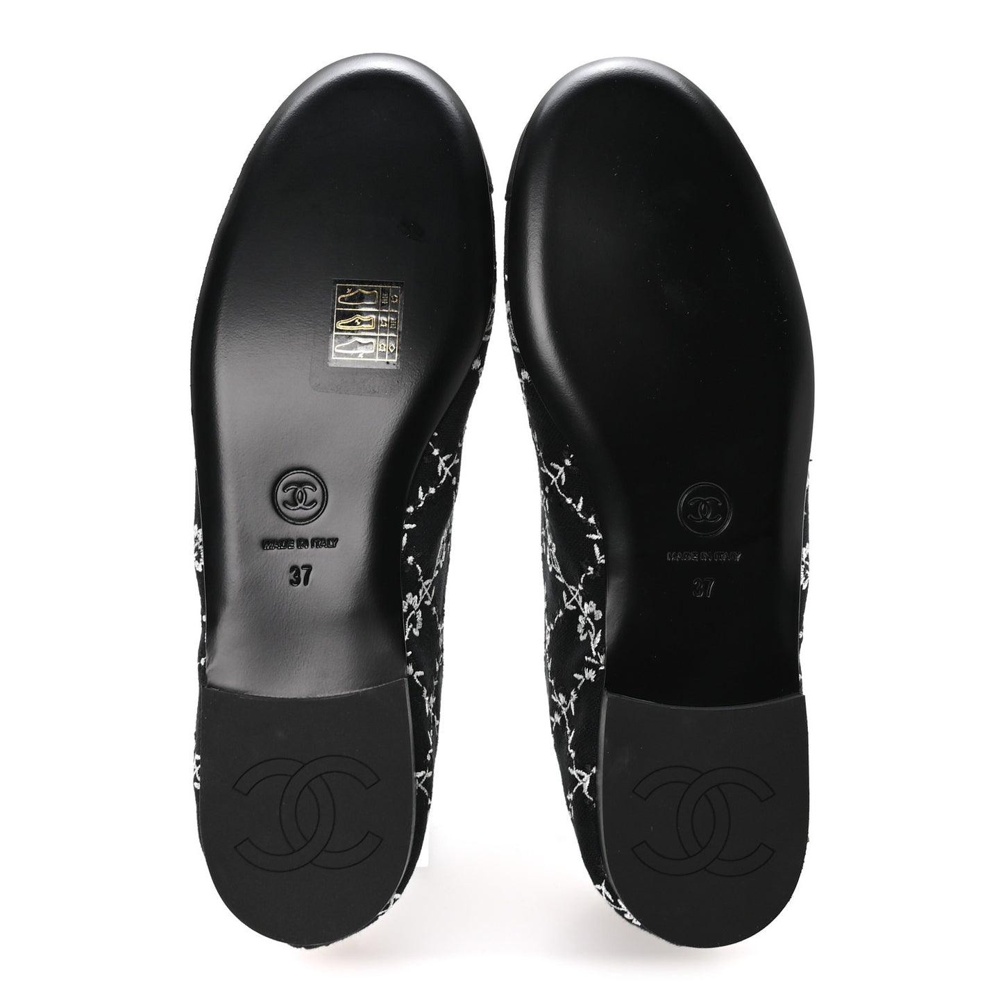 Grosgrain Floral Embroidered CC Cap Toe Ballerina Flats 37 Black White