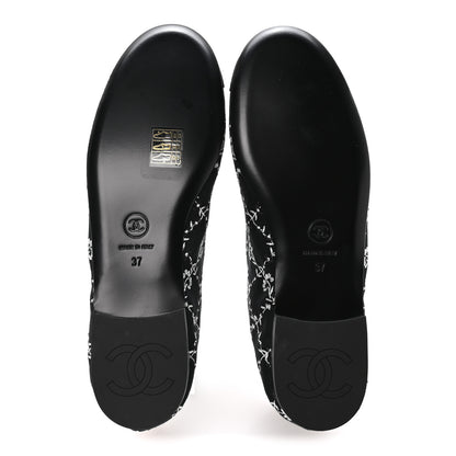Chanel Grosgrain Floral Embroidered CC Cap Toe Ballerina Flats 37 Black White 6 of 9