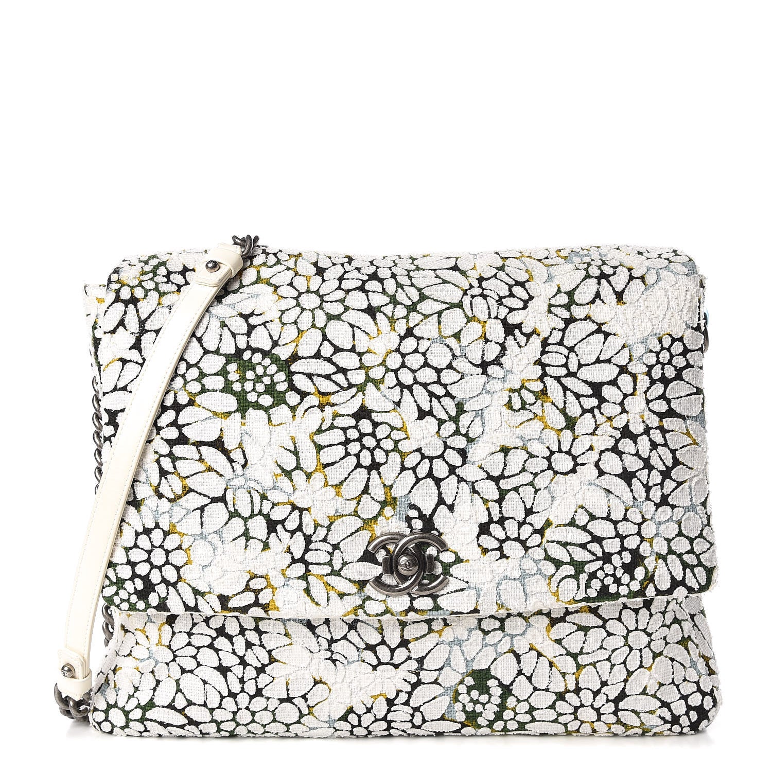 Chanel Tweed Calfskin Floral Messenger Flap Green Black White 1 of 9