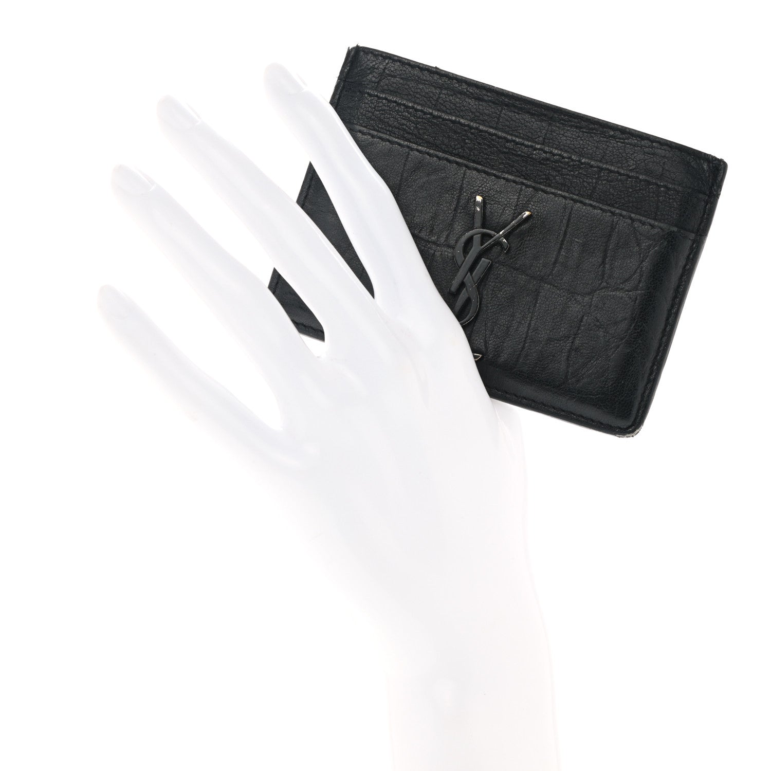 Saint Laurent Calfskin Crocodile Embossed Monogram Credit Card Case Black 2 of 10