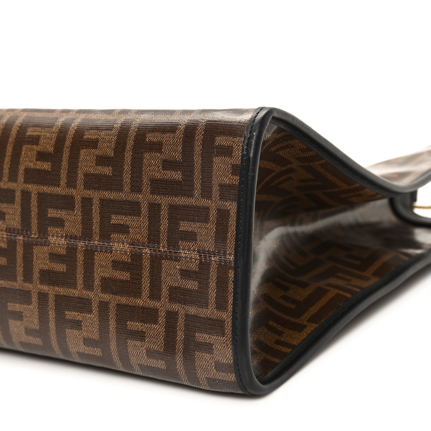 Fendi Glazed Fabric Vitello Century Plexiglass FF 1974 Stamp Patch Medium Runaway Shopper Tote Mogano Panna Black 10 of 12