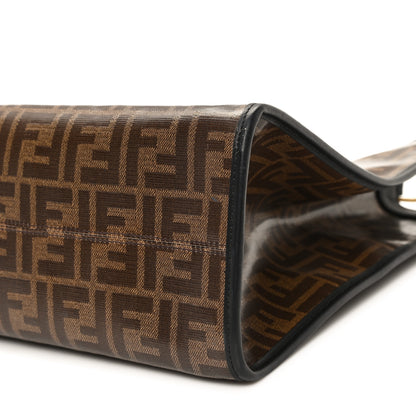 Fendi Glazed Fabric Vitello Century Plexiglass FF 1974 Stamp Patch Medium Runaway Shopper Tote Mogano Panna Black 10 of 12