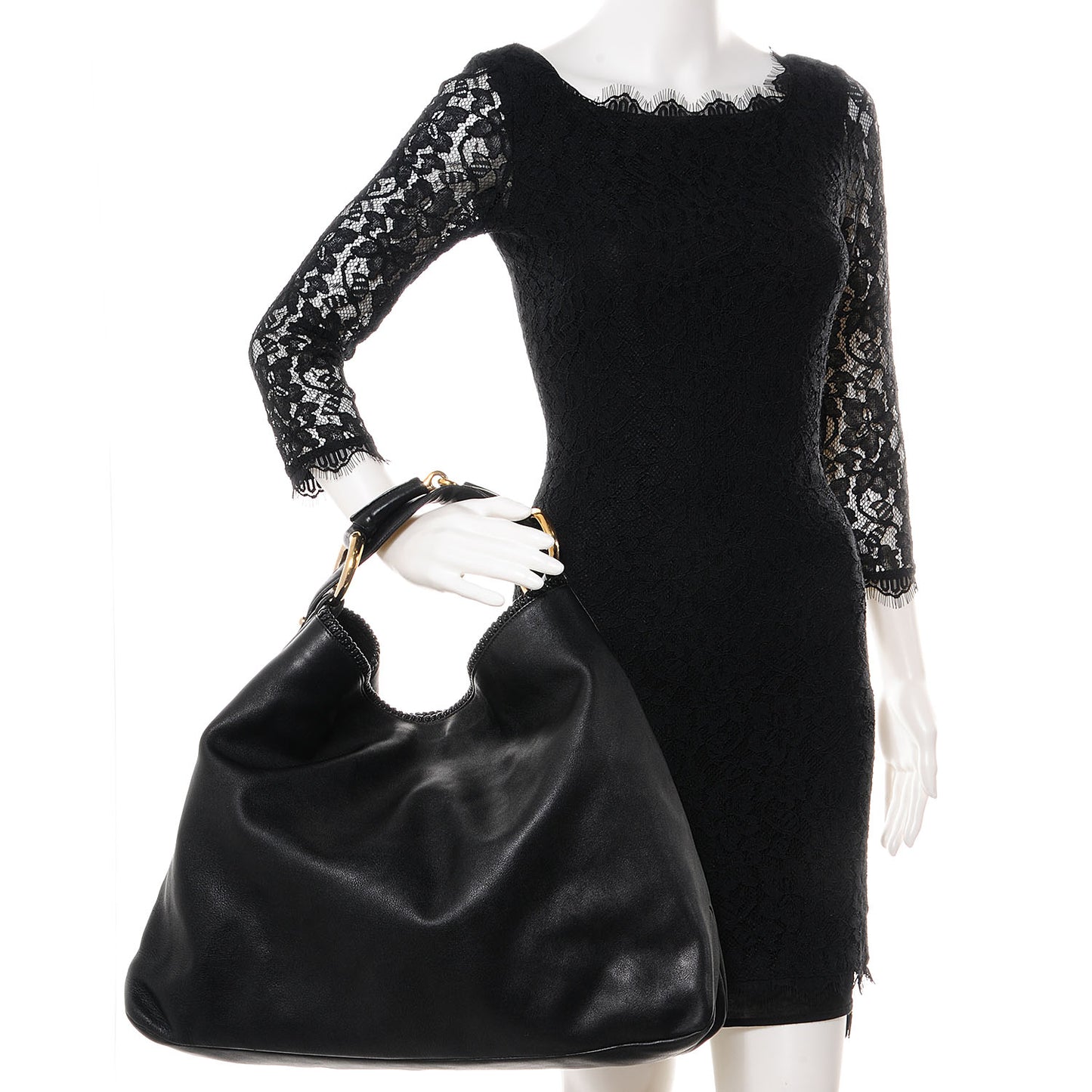Leather Large Horsebit Chain Hobo Black