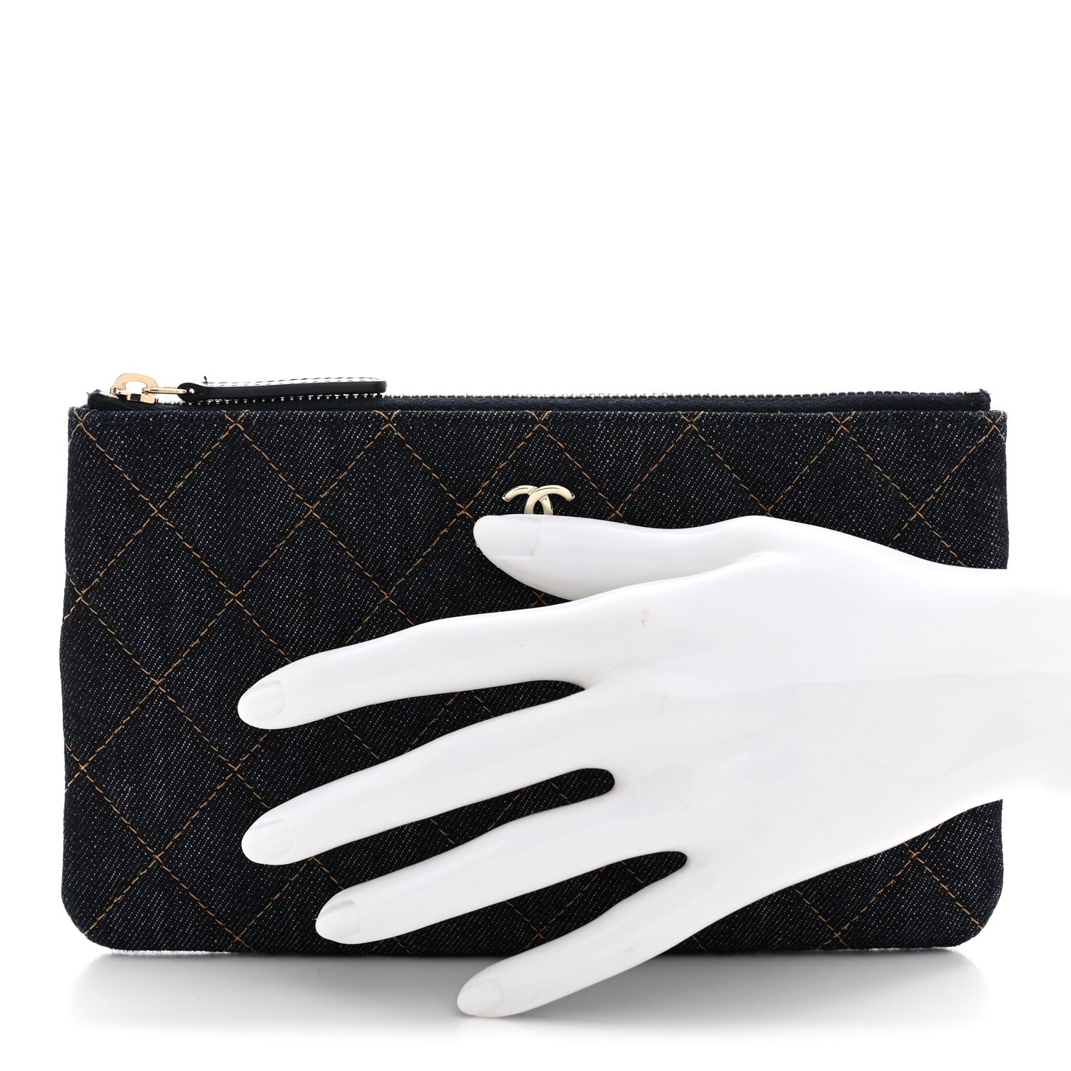 Chanel Denim Quilted Small Zipped Pouch Dark Blue Orange 2 of 7