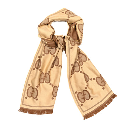 Gucci Wool Jacquard Monogram Jumbo GG Lady Nest Scarf Beige Dark Brown 1 of 6