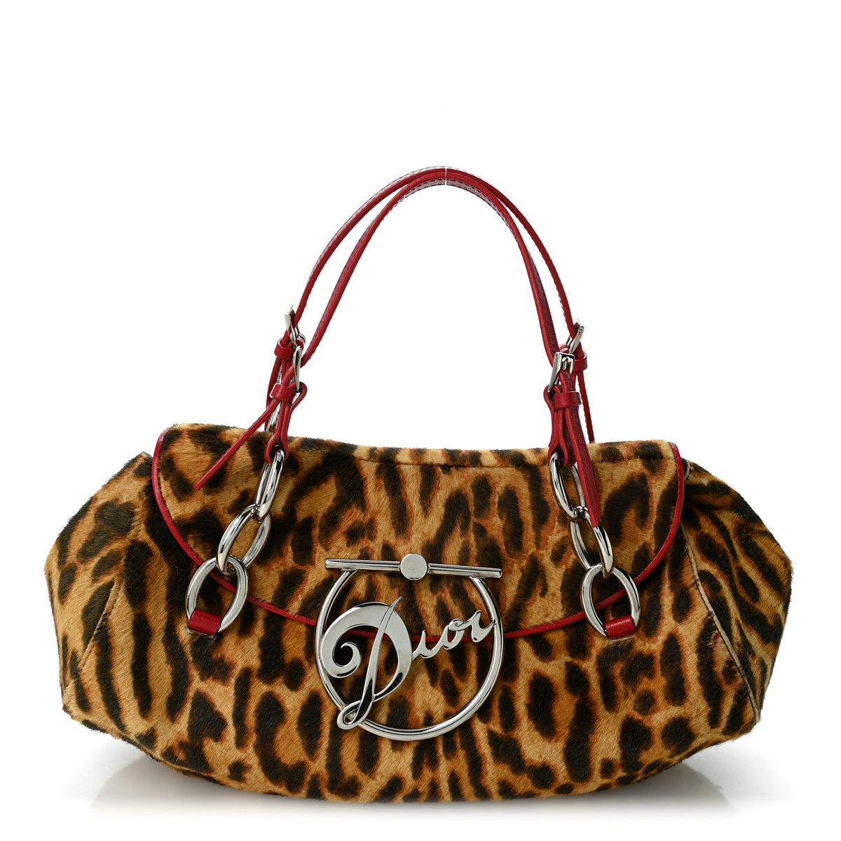 Pony Hair Leopard Print Diva Logo Shoulder Bag Red
