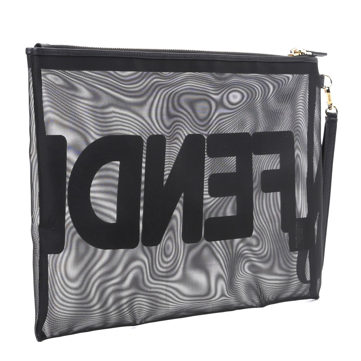 Fendi Mesh Vitello King Logo Embroidered Large Flat Pouch Black 2 of 5
